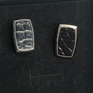 S T Dupont Silver Black Leather Square Cuff Links